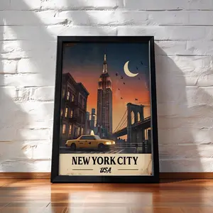 Vintage NYC Travel Poster: Empire State Building, Brooklyn Bridge