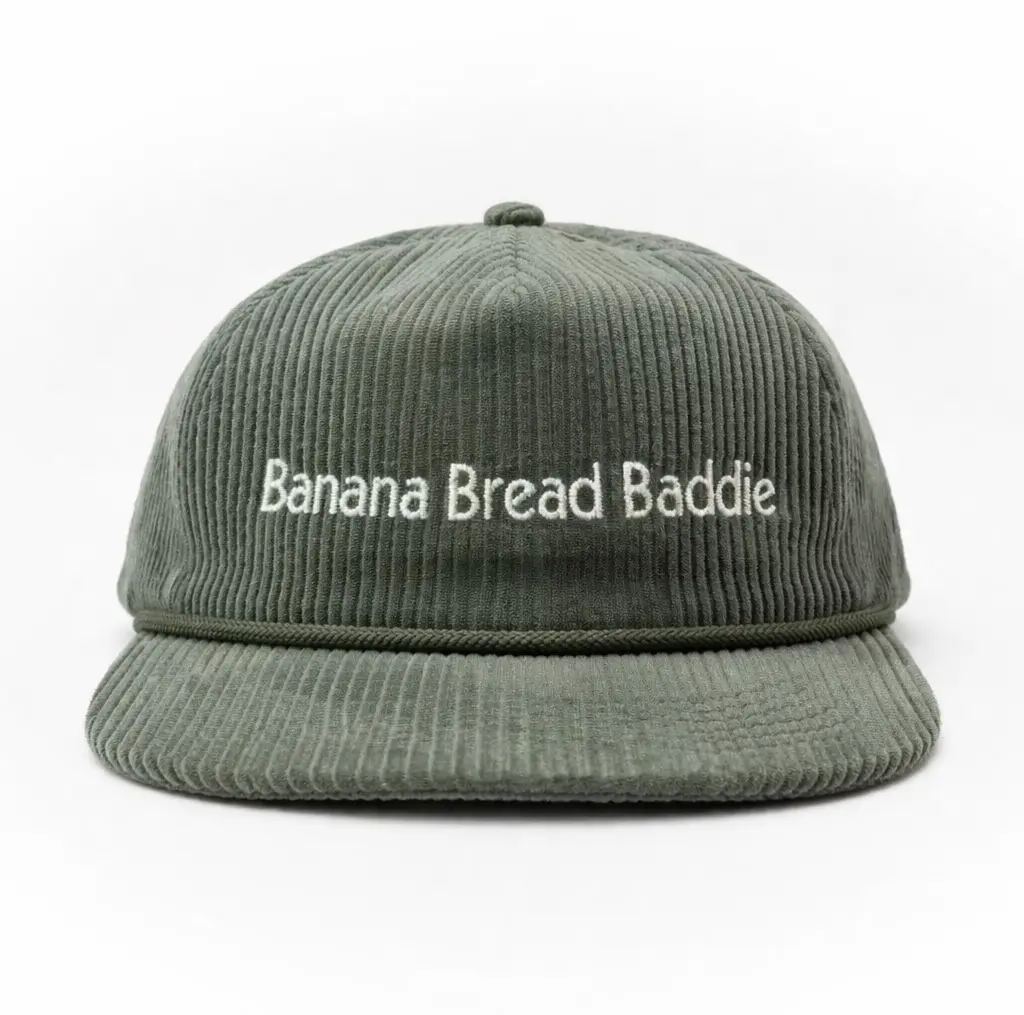 Women's Corduroy Snapback Trucker Hat - Trendy Banana Bread Baddie Design, Casual Style, Adjustable Size, Embroidered Letters, Full Logo, Side Logo Detail, Snapback Hat, Trendy Trucker Hat