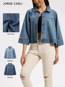 JORGE CARLI Loose Fit Short Denim Jacket, Washed Wide Cut Button Front Straight Leg Jeans Coat, Women's Casual Street Style Outerwear