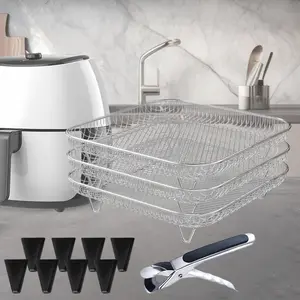 Air Fryer Basket Stainless Steel Three-Tier Stackable with 8 Silicone Feet, 1 Tweezers, Suitable for Oven Pressure Cooker, Only Fit for Air fryer which inner size >8.2 inch