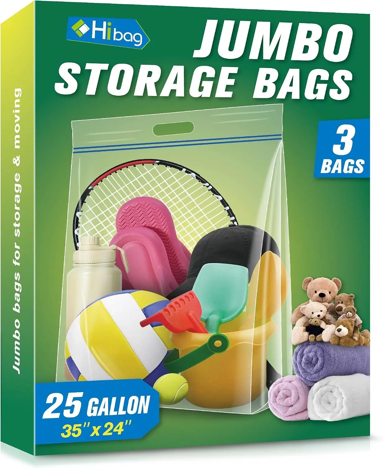 25 Gallon Jumbo Storage Bags, 35” x 24” Resealable Clear Bags with Handle, Extra Large XL Heavy Duty for Clothes Pillow Travel Moving, Pack of 3