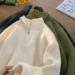 Autumn Winter Half Zipper Sweater for Men Knitted Thickened Vintage Solid Color Comfortable Fashion Men Clothing  PulloverGift