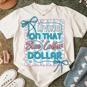 Living On That Blue Collar Dollar Graphic T-Shirt, Coquette Bow Striped Print Tee, Vintage Oversized Comfort Colors Shirt for Blue Collar Workers, Retro Western Country Style Top with Pink Blue Bow Accents, Casual Short Sleeve Cotton Tee for Everyday Wear