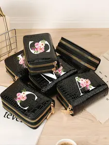 Double Zipper Wallet, Portable PU Leather, Peony Pattern, A-Z Letters, Credit Card Holder, Women's Travel Wallet, Anti-Theft, Durable Wallet, Double Zipper Purse