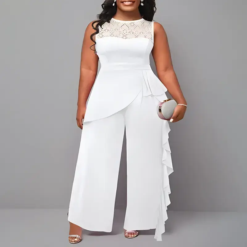 Plus Size Lady's Fashion Apparel Jumpsuit - Elegant Solid Color Commuter Clothes, Chic Round Neck with Lace Panels, Breathable Loose Straight Leg Overalls with Flattering Fit, Women's Clothes, Casual, High-Quality, Machine Wash, Skin-Friendly
