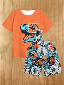 Dinosaur Print Boys' Outdoor Short Sleeve Set, Stylish Summer for Junior Kids, Comfortable Clothing for Daily Wear & Playtime, Round Neck Set