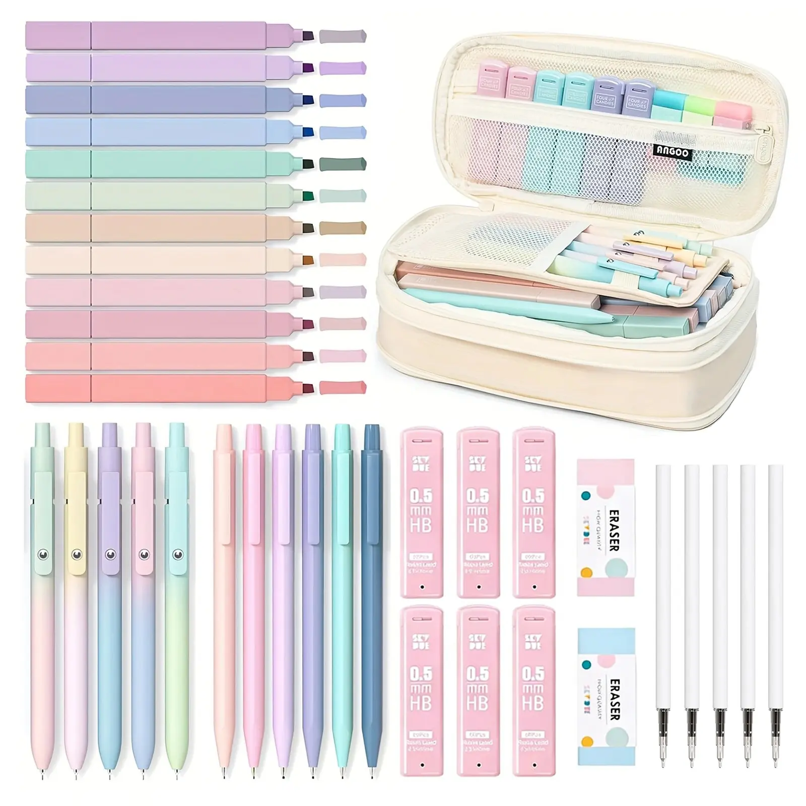 37 PCS Cute School Supplies with Pen Case for Girls - 5 Black Ink Gel Pens, 12 Pastel Highlighters, 6 Aesthetic Mechanical Pencils Set for Stationary College Essentials