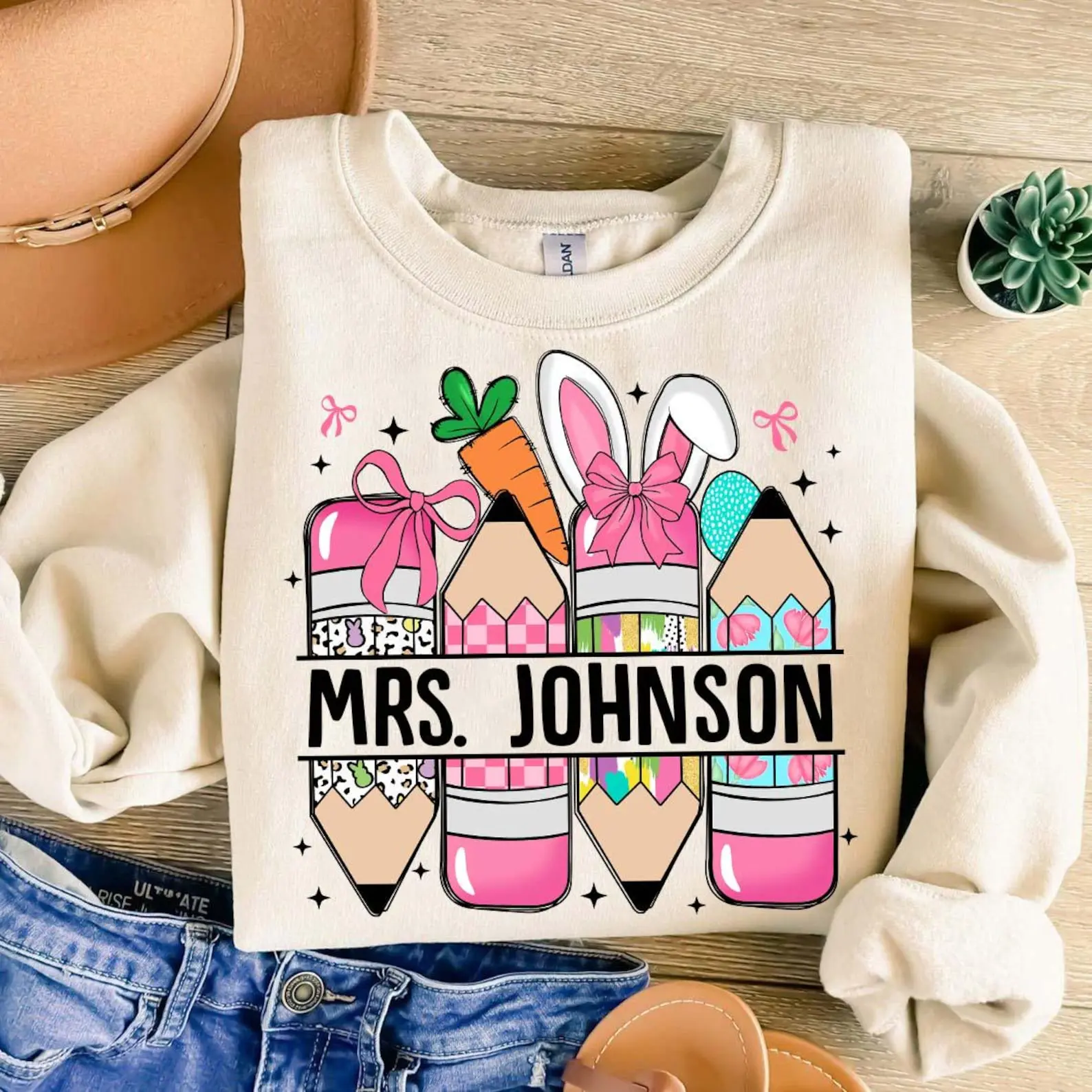 Personalized Easter T-Shirts for Teachers - Custom Name Pencil Bunny T-Shirt, Back to School Spring T-Shirts for Educators
