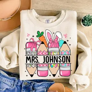 Personalized Easter T-Shirts for Teachers - Custom Name Pencil Bunny T-Shirt, Back to School Spring T-Shirts for Educators