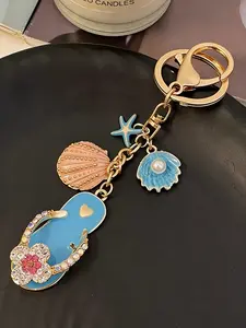 Summer Vacation Beach Sandal Keychain, Cute Rhinestone Clover Flip Flop Starfish Shiny Shell Pearl Ocean Theme Car Key Chain Bag Pendant Gift, Bag Charm Keychain