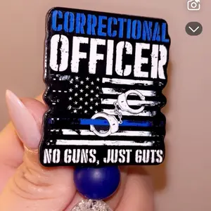 Correctional Officers Badge Reel with American Flag Design and Thin Blue Line Motif for Law Enforcement Professionals