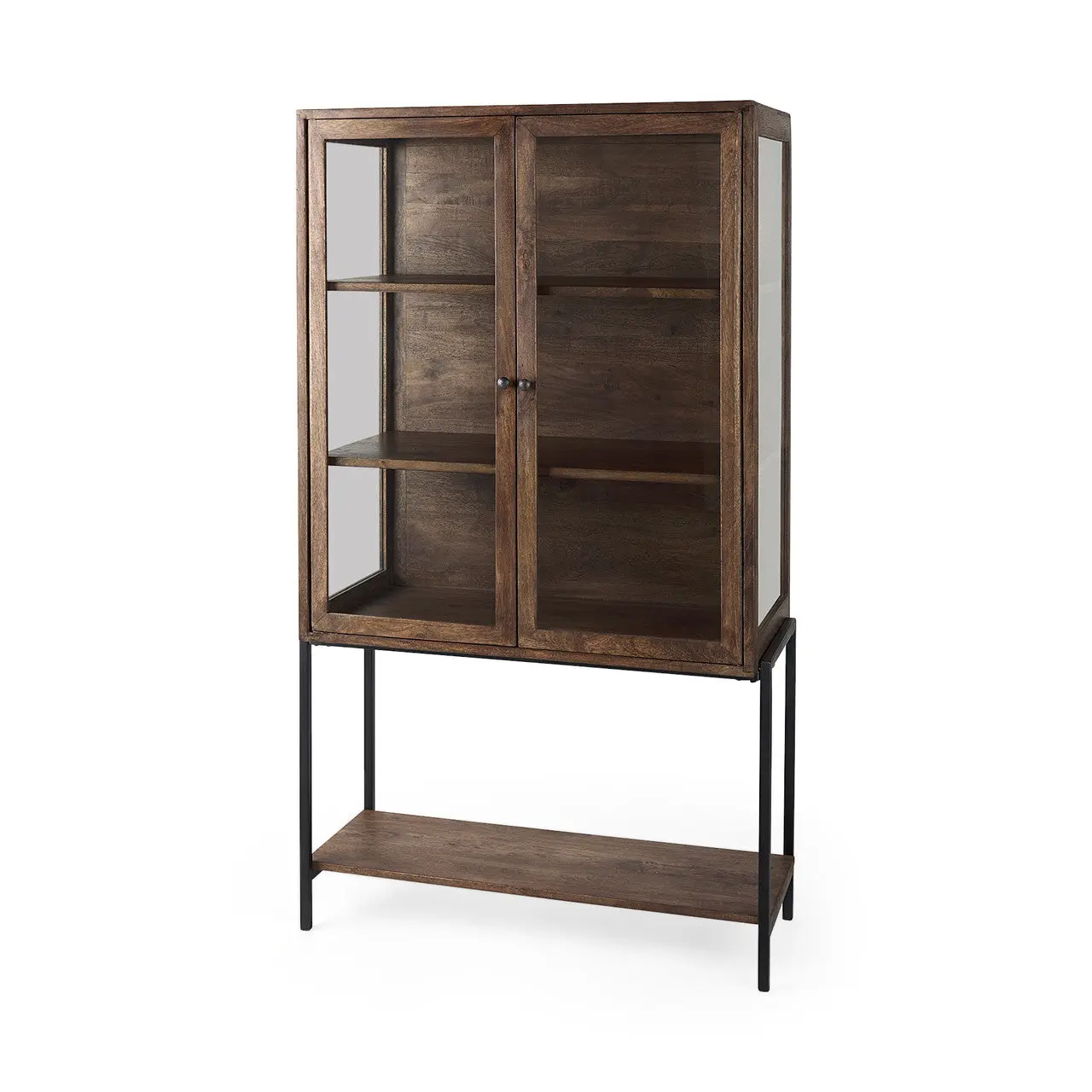 Arelius Medium Brown Wood W/ Black Metal Base Display Cabinet