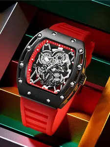 Men's Student Style Watch, Barrel Shape Cutout Night Glow Quartz Watch, Silicone Strap Fashion Sports Watch, Skeleton Quartz Watch, Analog Quartz Watch, Casual Fashion Watch, All Seasons