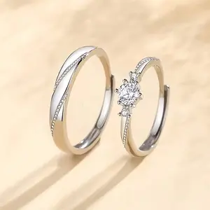 [2pcs Cubic Zirconia Engagement Ring Set] 2pcs Copper Wedding Ring Set, Silveryy Plated Romance Style Rings, with Synthetic Cubic Zirconia, for Engagement, Promise, Eternity, and Wedding Bands Combo