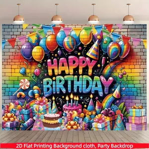 Graffiti Brick Wall Happy Birthday Background Banner, Colorful Balloon Cake Gift Box Theme, Polyester Material, Suitable for Photo Booth, Party, Birthday, Celebration, Indoor and Outdoor Family Birthday Party Decoration, Home Decoration, Room Decoration