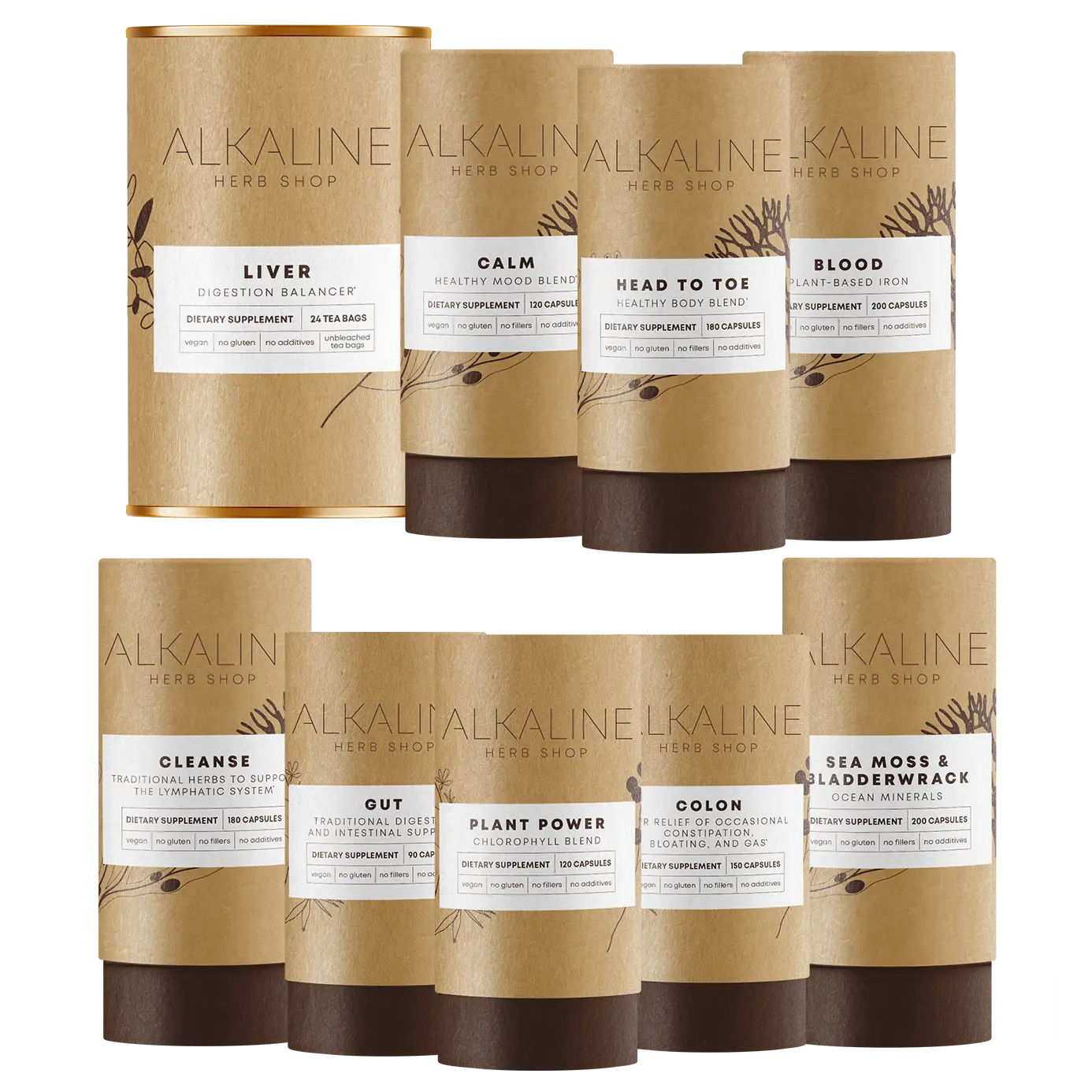 The Body Essentials Bundle - Sea Moss & Bladderwrack, Plant Power (Chlorophyll), Blood (Iron), Head to Toe (Happy Healthy Body), Colon (Happy Colon), Cleanse (Happy Lymph), Gut, Liver Tea (Happy Liver Tea), and Calm (Happy Mood)