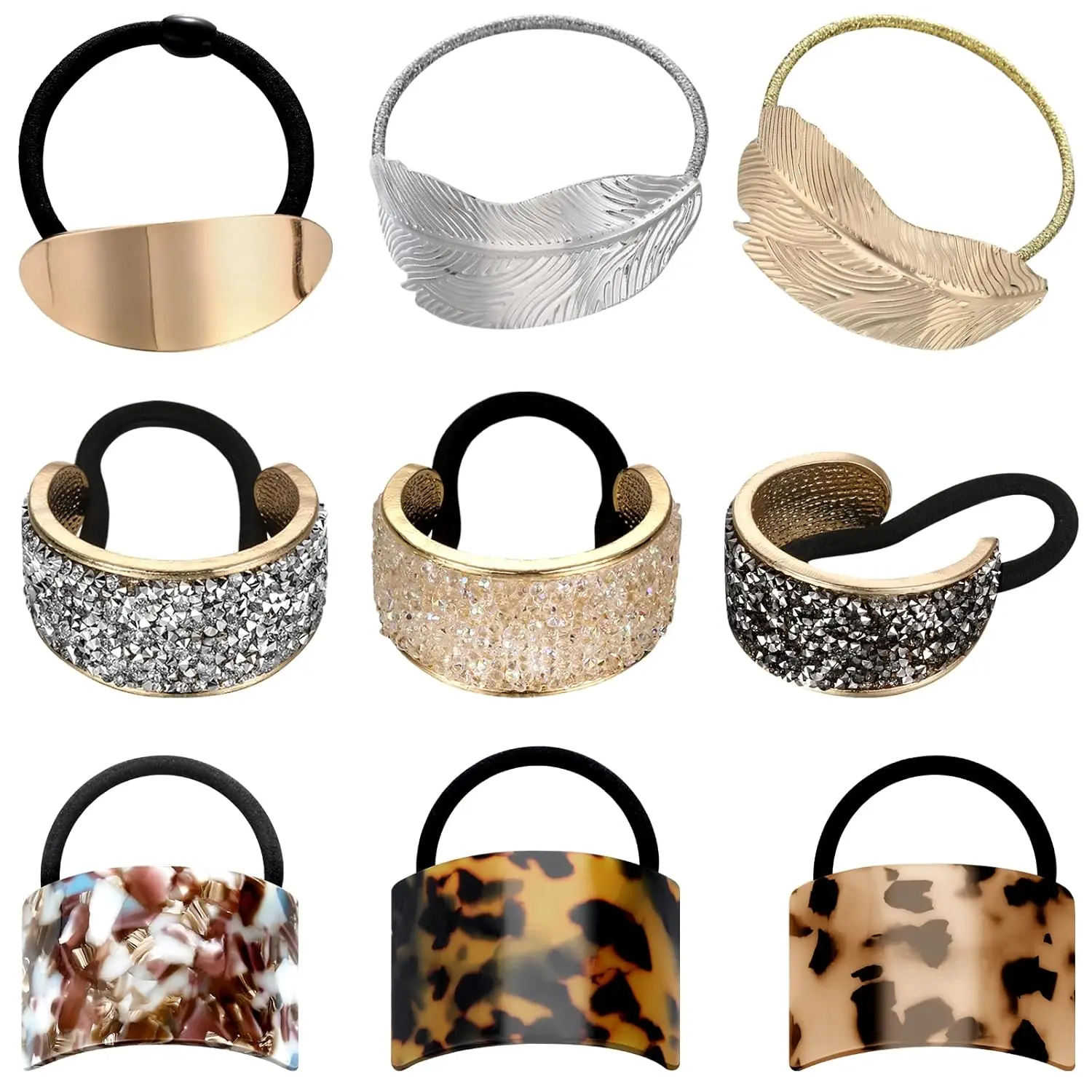 the judith hair tie 9 Pack Ponytail Hair Cuff Metal Rhinestone Decorative Fancy Ponytail Holder for Women Gold Elastic Glitter Hair Tie Wrap Cuff Tortoise Shell Ring Holder Mother's Day Gift(Charming Style)