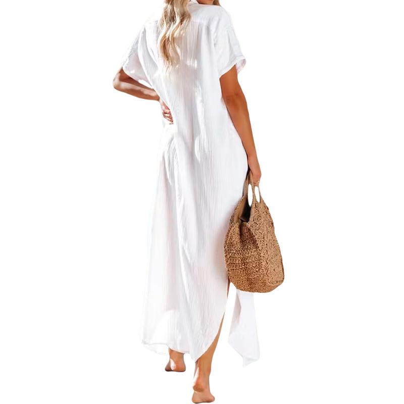 Women Maxi Shirt Dress Short Sleeve Button Down Long Kimonos Cardigans Side Slit Loose Cover Up Beach Sundress