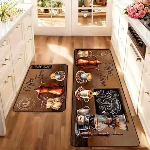 2-Piece Coffee Pot Design Kitchen Rug Set, Washable Non-Slip Low-Height Floor Mat, Ideal for Kitchen Laundry Room Hallway Home Decor