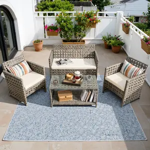 Weaxty 4-Piece Outdoor Patio Sofa Set, Outdoor Sectional Couch with Handwoven Wicker&Glass Coffee Table, All-Weather Furniture for Garden Yard Balcony, Thicker Cushion&Deep Seat, Durable