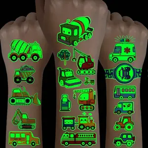 12Pcs Glow in the Dark Transportation Temporary Tattoos, Luminous Cute Waterproof Stickers, Race Car Airplane Excavator Ambulance Police Car Bus Patterns, Perfect Gift for Family & Friends, Body Decor for Music Festival & Party, Beautiful Cool Fake Tattoo