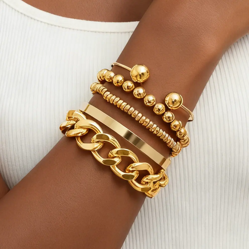 Women's 5-Piece Fashionable Bracelet Style Open Cuff Set - Chunky Chains, Stackable Bangles, Female Bracelets Accessories for Party, Daily Wear, Girlfriend Gift, Stackable Bangle Bracelets