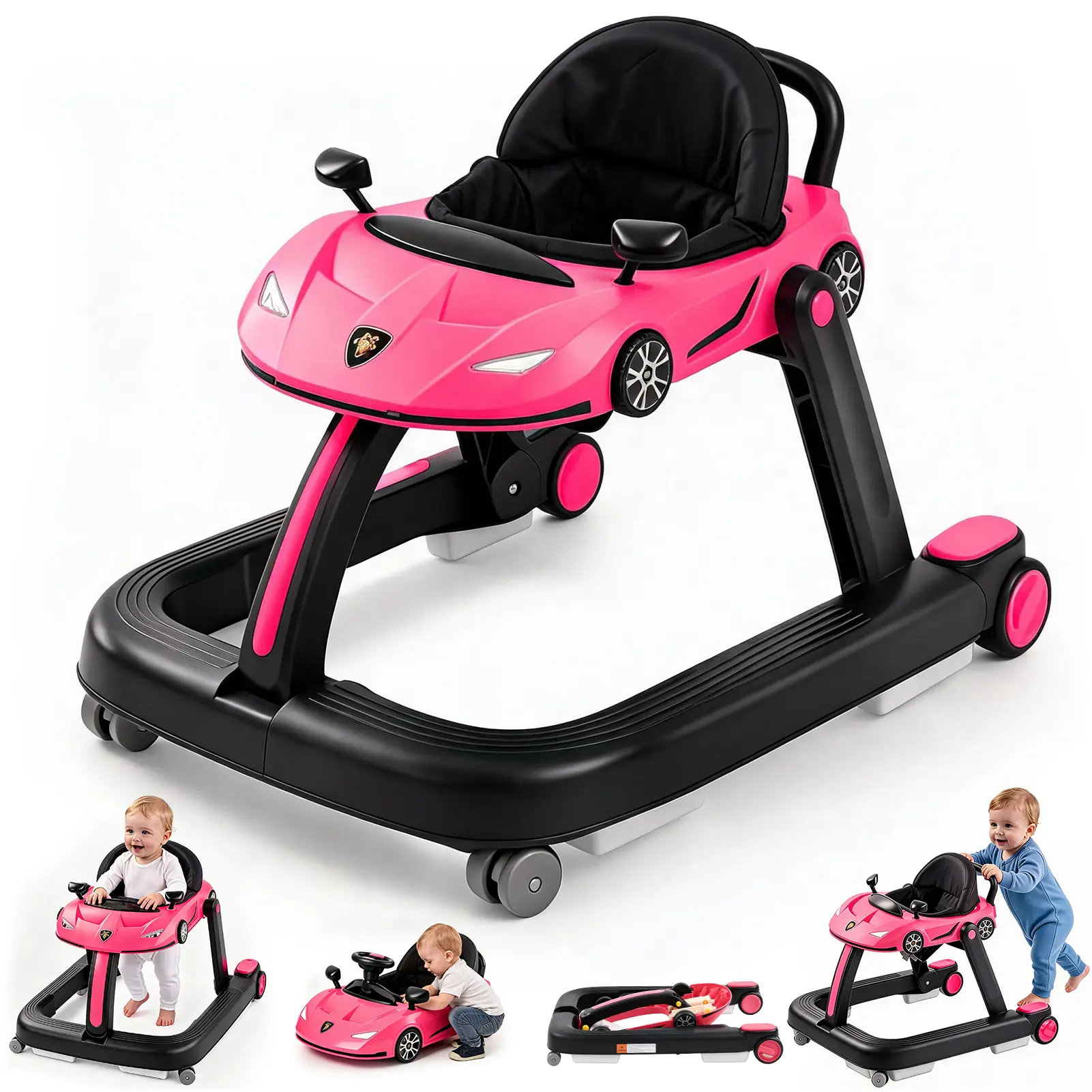 Baby Walker, Foldable Activity Walker with Adjustable Height & Speed, Music, Anti-Rollover, Toddler Push Walker, Baby Walker with Wheels for Boys Girls 6-18 Months