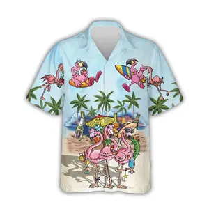 Flamingo Cocktails Beach Hawaiian Shirt, Tropical Summer Aloha Shirt for Men Women Youth, Fun Vacation Button-Up Beach Party 