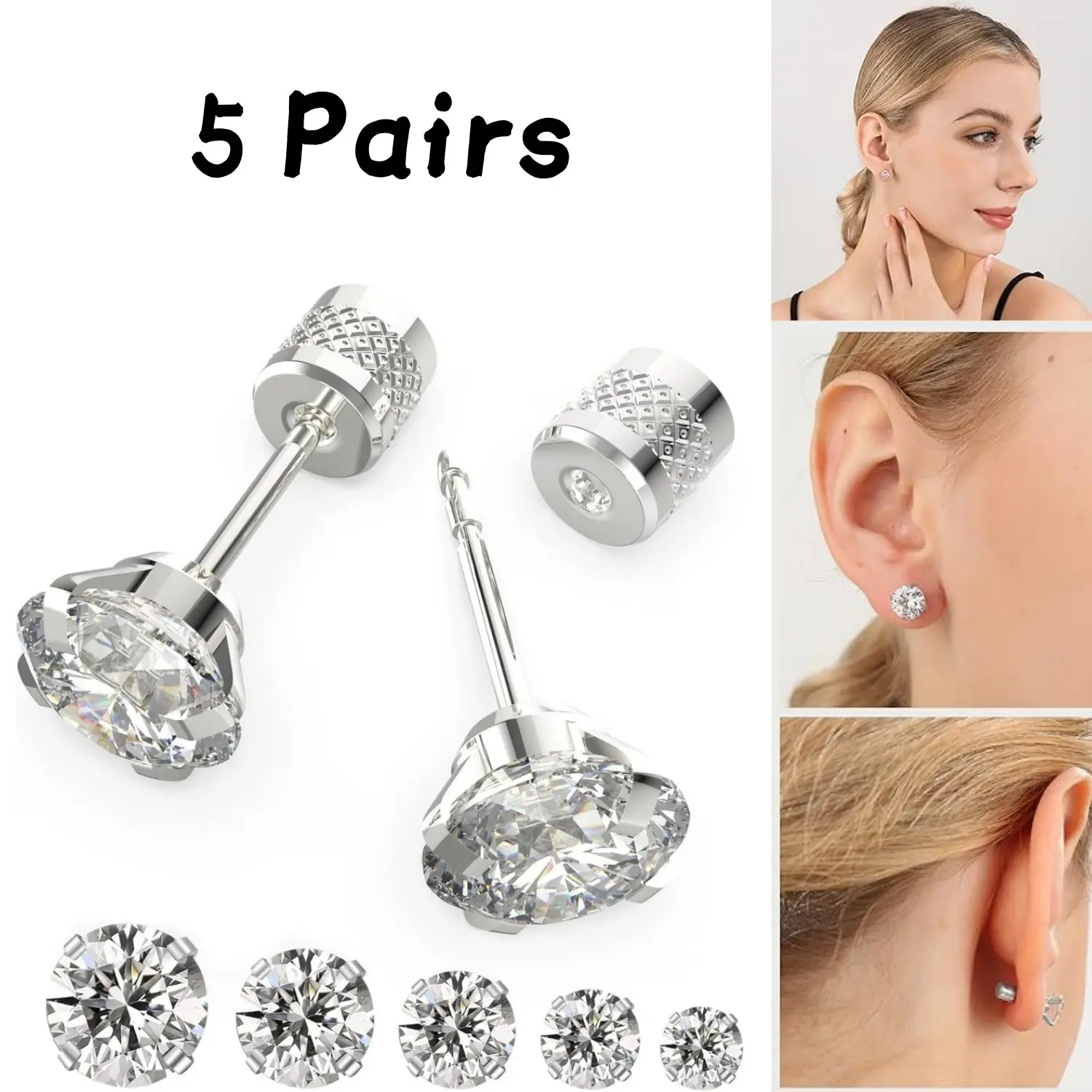 5 Pairs Surgical Steel Cubic Zirconia Stud Earrings - 2-8mm Flat Back Studs for Cartilage, Lobe - Hypoallergenic Party Gift Jewelry Set for Women, Cubic Zirconia Studs