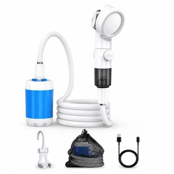 Portable Camping Shower Kit, 4000mAh USB-C Rechargeable Pump, 2m Hose, Multi-Mode Handheld Head and Mesh Bag