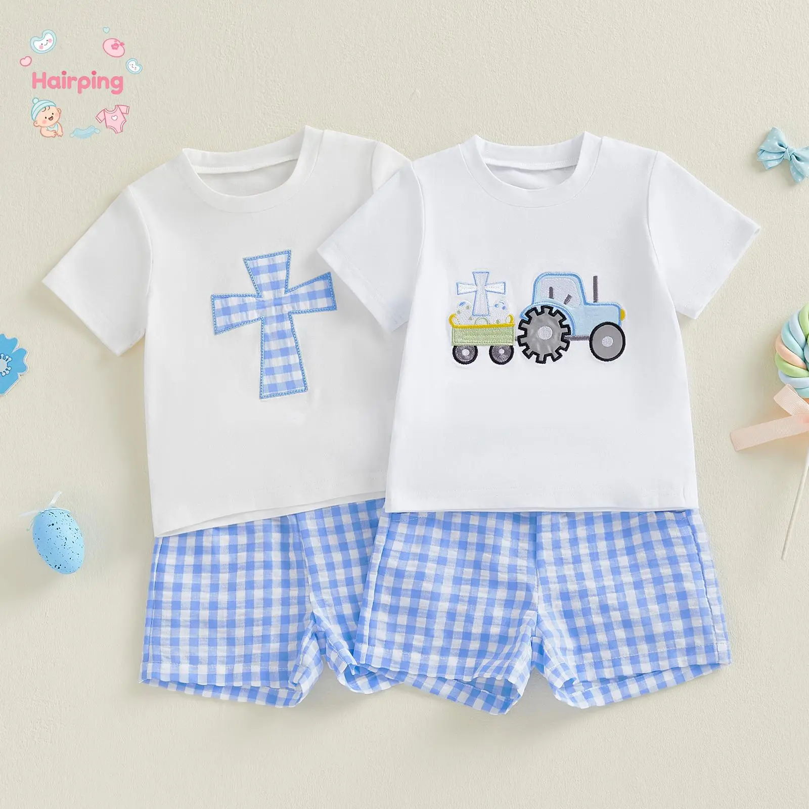 Toddler 2-Piece Easter Clothing Set - Baby Boy Casual Vibrant Cross & Tractor Embroidery Tee, Blue Gingham Shorts, Breathable Soft Fabric for Church/Playtime, Baby Boy Clothes