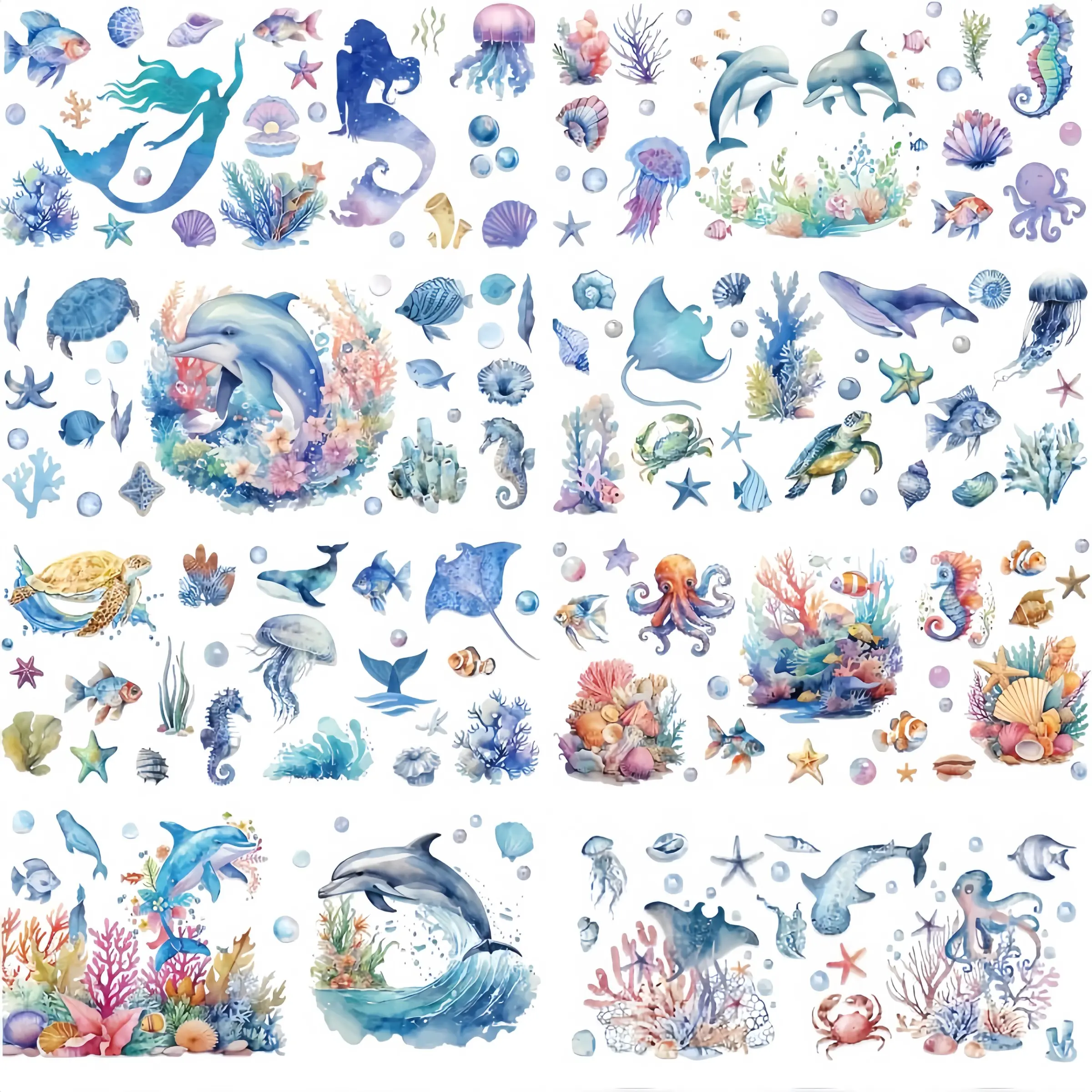 Transfer Cup Wraps Stickers - 8 Sheets Sea Animals UV DTF Cup Wraps for 16 oz Glass Coffee Mug, Dolphin Mermaid Seahorse Rub on Transfer Stickers for DIY Water Bottle Suitcase Craft Decorate Decorative Stickers Crafts Cup Stickers