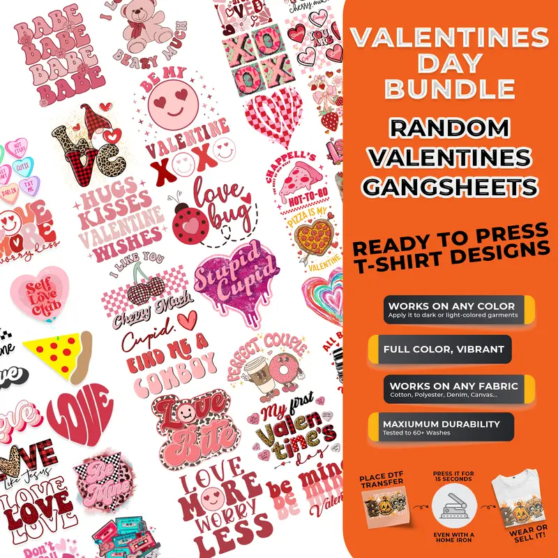 15PCS Valentines Day Mystery DTF Transfer Bundle – Ready to Press Valentines Day Designs | for T-Shirts, Totes & DIY Gifts