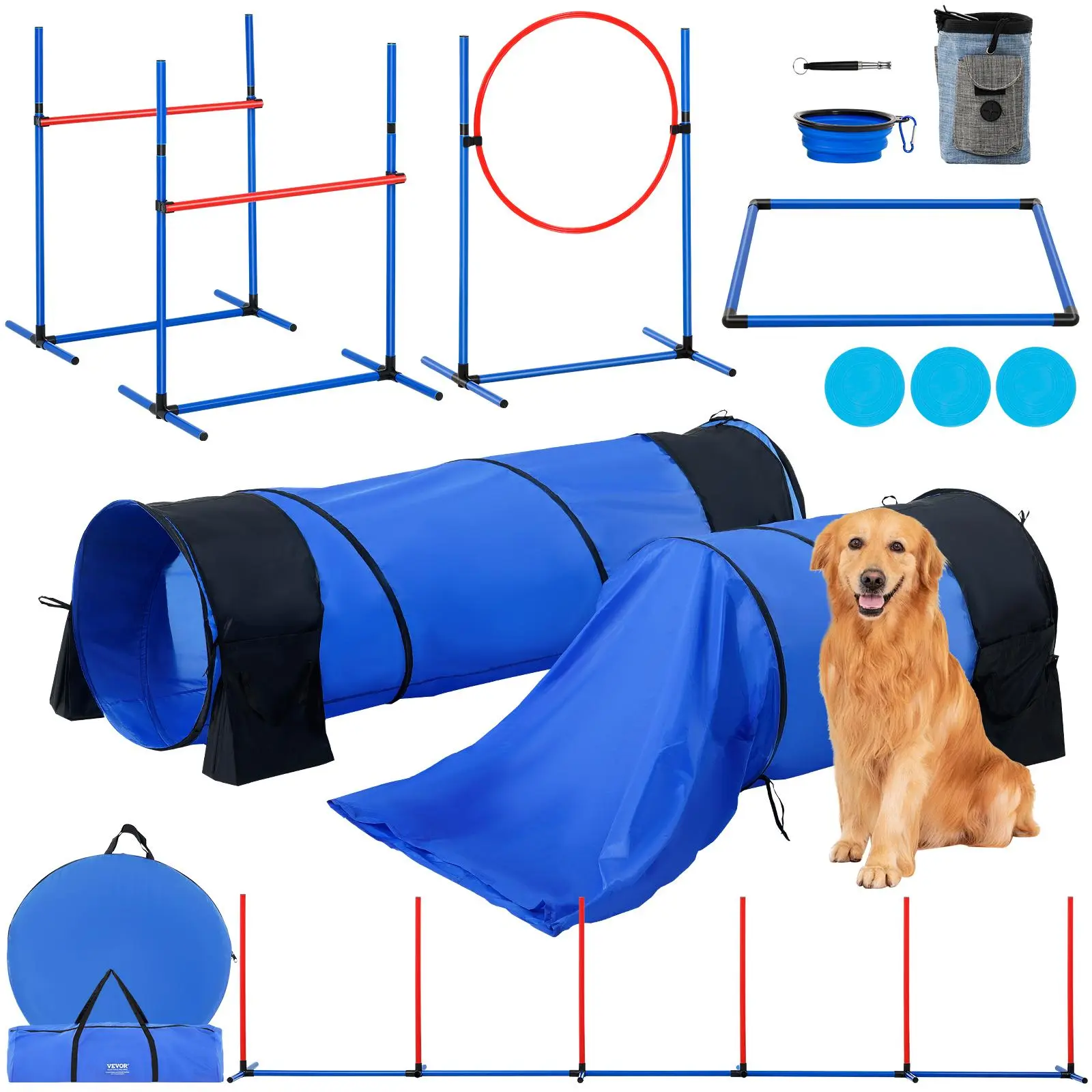 【SummerFinds】VEVOR Dog Agility Training Equipment 7-PCS Set - Adjustable High Hurdles, 6 Base Poles, 39.37-inch Semi-Enclosed Tunnels, 23.62-inch Jump Ring, Pause Box, 3 Frisbees, Whistle, Foldable Bowl, Clips, Fun Puppy Obstacle Course Kit w/ 3 Bags, Adj