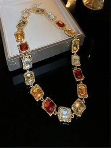 Vintage Multicolor Crystal Statement Necklace Gold Plated Alloy Bold Rectangle Gemstone Choker for Party Evening Holiday Ideal Birthday Christmas Gift Adjustable Comfortable Fit