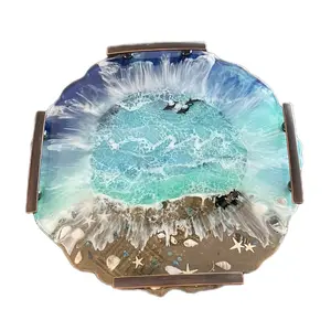 Ocean Themed Lazy Susan with Shells, Starfish, Sand, Turtles and Fish - 13” Round Resin Table Turntable