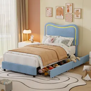 Blue Upholstered LED Twin Bed Frames for Kids with 2 Drawers and Headboard, Cute Twin Bed with Storage for Girls, Boys, Sturdy Platform Bed, No Box Spring Needed, Wooden Slats, Noise Free