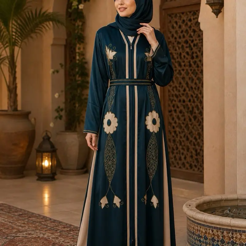 Women's #9 Dubai Luxury Muslim Arabic Abaya Set - Long Sleeve Muslim Dresses, Elegant Islamic Clothing Abaya Khimar Set with Matching Hijab, Belt, Modest Fashion Piece