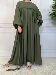 Women's Solid Color Belted Long Sleeve Dress, Casual Round Neck Dress for Fall & Winter, Women's Islamic Clothing for Daily Wear