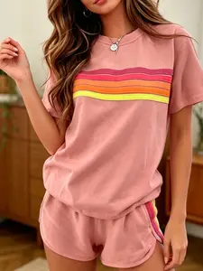 Two-piece women's fashion casual sportswear set, loose and slim-fit with rainbow striped design, perfect for summer, vacations, indoor, and outdoor wear Womenswear