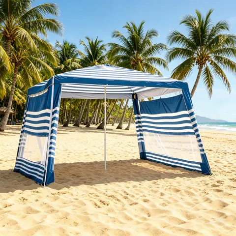 Unisex 8x8FT Portable Beach Cabana - UPF50+ Sun Protection, 64 Sq Ft Shade, Easy Install, Weather Resistant, Adjustable Height, Bending-Resistant Alloy Poles, 2-Slot Foldable Cup Holder, Sandbag & Anchor, Foldable Frame, Blue White, Family Outdoor Use