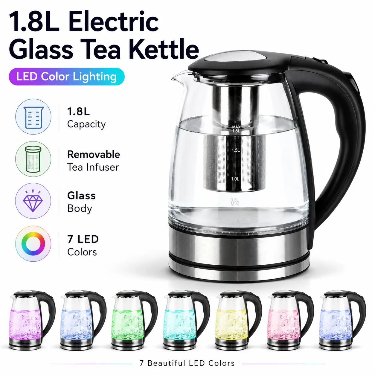 HD-1861-A Modern 110V 1200W 1.8L Glass&Steel Electric Kettle with Auto Shut-Off, LED Lights, Multi-Colors, US Plug