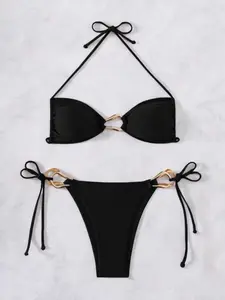 Women's Bikini Two-Piece Set, Adjustable Straps, Irregular Shape Metal Rings, Perfect for Beach Swimming and Vacation, Ladies Swimwear, Swimsuit Bikini, Triangle Bikini Set