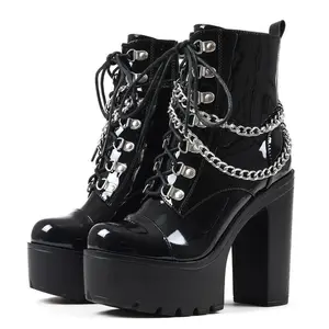 Platform Ankle Boots Round Toe Chunky Block High Heel Side Zipper Chains Lace Up Combat Punk Motorcycle Biker Winter Booties