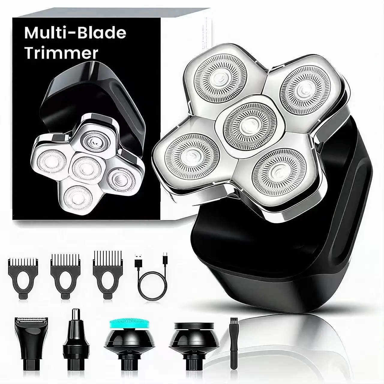 Largner Multi-Functional Electric Hair Trimmer, Wet & Dry Use Waterproof Bald Head Clipper Set, Cordless Barber Trimmer, Hair Clippers, Includes 5 Rotating Heads