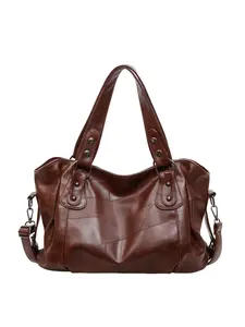 Vintage Wax Leather Shoulder Bag, Large Capacity Patchwork Tote, Distressed Soft Leather Handbag, Sweet Cool Rivet Casual Bag
