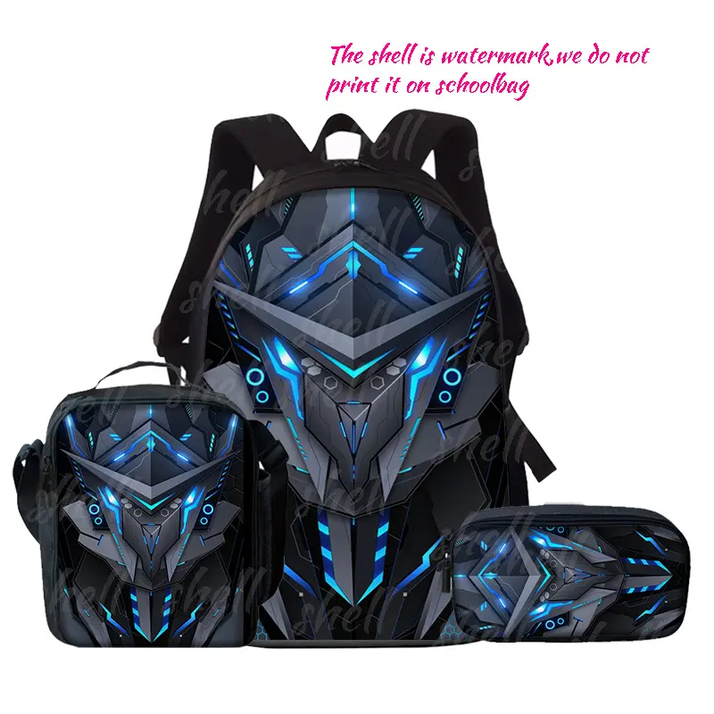 Futuristic Cybernetic Mecha 3PCS Backpack Set, Durable 600D Oxford Cloth School Bag with Lunch Box & Pencil Case Combo, Adjustable Breathable Strap, Fits 15in Laptop for Kids Teens School Travel Outdoor
