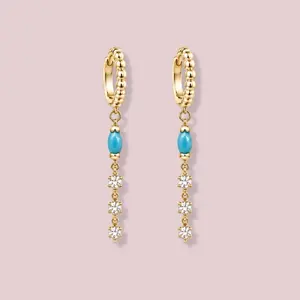14K Solid Gold Turquoise Hoop Earrings.