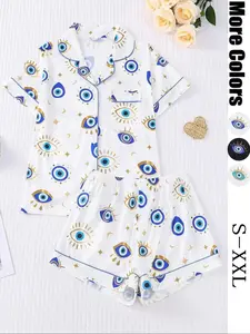 Women's All Over Cartoon Eye Print Short Sleeve Two-Piece Set Comfy Button-Front Chest Pocket Lapel Neck Top Elastic Waist Shorts PJ Ladies Sleepwear for Seasons Pajamas Loungewear Pajama, Aesthetic, Style Essential