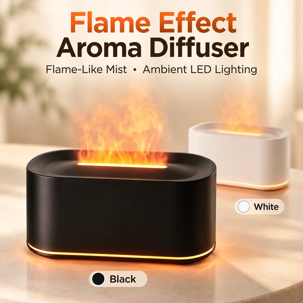 Flame Aroma Diffuser with LED Flame Effect, Cool Mist Humidifier with Multicolor Ambient Lights, Modern Home Decor for Bedroom, Living Room and Office